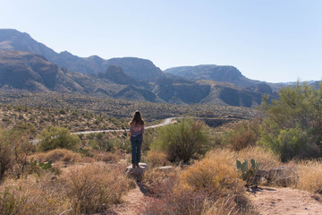 woman overlooking view over the desert at apache trail america arizona