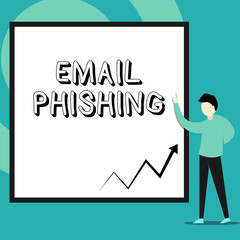 Conceptual hand writing showing Email Phishing. Concept meaning Emails that may link to websites that distribute malware Man standing pointing up blank rectangle Geometric background