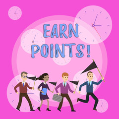 Writing note showing Earn Points. Business concept for collecting scores in order qualify to win big prize Crowd Flags Headed by Leader Running Demonstration Meeting