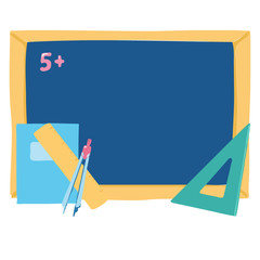 School objects on a white background. Vector illustration. School board, notebook, book, pen.