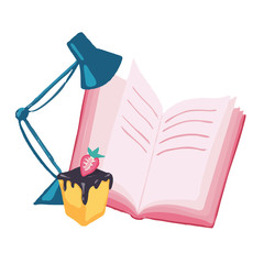 The book, the lamp and the cake. Cozy workplace. Vector illustration isolated on a white background.