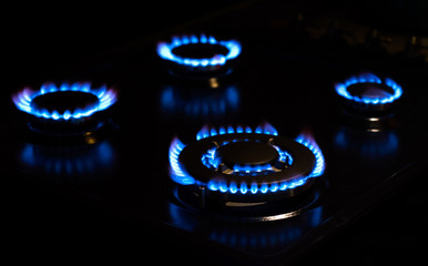 Four blue flames of gas stove in the dark