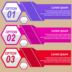 infographic with three options of violet and red colors
