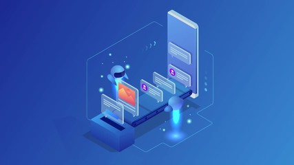 Isometric robot analyzes the database of employees or personnel. Data processing. Robot HR manager. Artificial intelligence working for big data analysis. HD Video. - Powered by Adobe