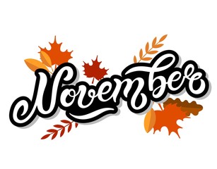 November. Hand drawn lettering. Vector illustration. Best for Autumn design.