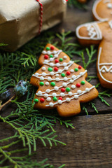 gingerbread. gifts and holiday, happy New Year. festive background. food background. top view