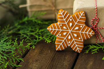 gingerbread. gifts and holiday, happy New Year. festive background. food background. top view