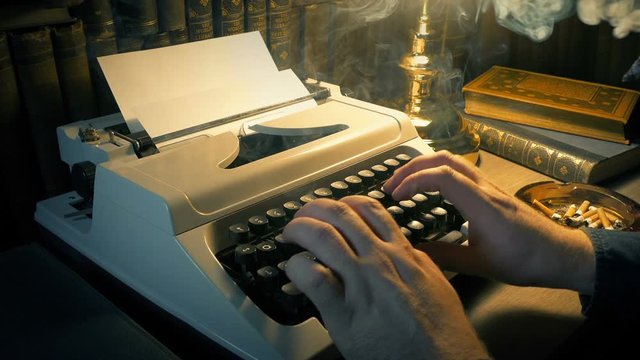 Man Smoking And Typing In Study - Novelist Concept