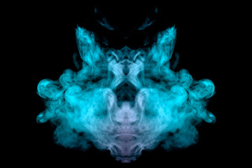 A mystical cloud of green smoke through which you can see the face of a mystical animal or ghost on a black isolated background. Abstract print for clothes.
