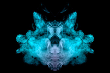A mystical cloud of green smoke through which you can see the face of a mystical animal or ghost on a black isolated background. Abstract print for clothes.