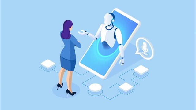 Isometric Bot and cybersecurity, artificial intelligence concept. AI and business IOT concept. Dialog help service. ChatBot free robot virtual assistance. HD Video.