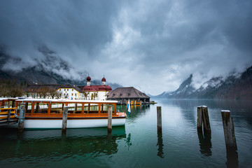 Scenic view of Königssee Lake, Germany in the cloudy day during summer