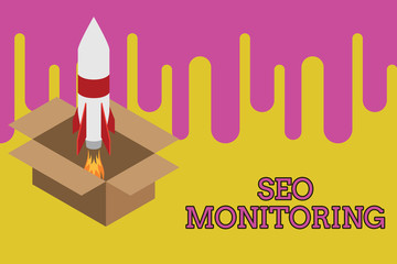 Writing note showing Seo Monitoring. Business concept for Tracking the progress of strategy made in the platform Fire launching rocket carton box. Starting up project. Fuel inspiration
