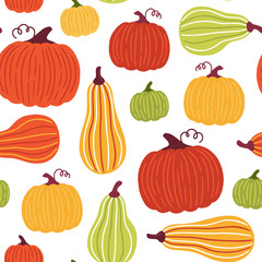 Autumn seamless pattern with pumpkins on white background. Vector illustration in cartoon style.