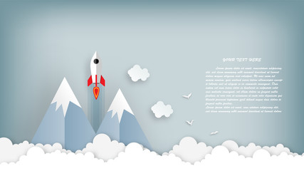 Paper art of rocket illustration flying over cloud. beautiful scenery with white clouds, vector art and illustration.