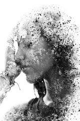 Paintography. Double Exposure portrait of a beautiful ethnic woman combined with hand drawn ink painting created with splatter effect. Black and white