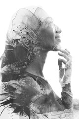 Paintography. Double Exposure profile portrait of a beautiful young woman gently touching her face...