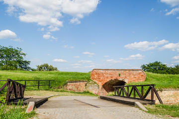 Fototapeta na wymiar Petrovaradin, Serbia - July 17. 2019: Petrovaradin fortress, side gate and the entrance to the tunnel