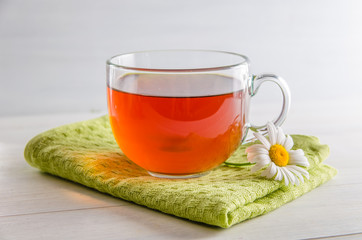 fresh black tea in a transparent mug against a white background