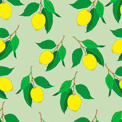 Seamless pattern with lemons  isolated on green background. Yellow fresh Fruits with green leaves. Summer design. Colorful wallpaper. Vector illustration.