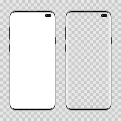 Set of two realistic modern smartphone on transparent background. Front view display. Mobile phone with white blank and transparent screen. Mock up template for your design.