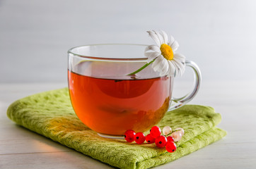 fresh black tea in a transparent mug against a white background