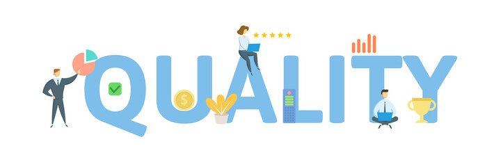 QUALITY. Concept with people, letters and icons. Colored flat vector illustration. Isolated on white background.