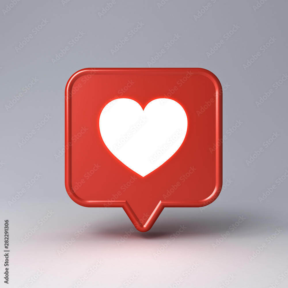 Leinwandbilder 3d social media notification neon light love like heart icon in red speech bubble pin isolated on da