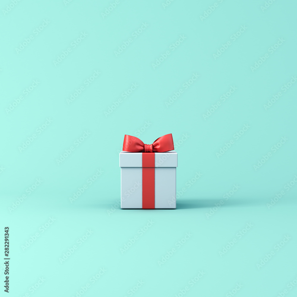 Aufkleber gift box or present box with red ribbon and bow isolated on light blue green pastel color background