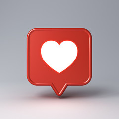 3d social media notification neon light love like heart icon in red speech bubble pin isolated on dark white background with shadow 3D rendering