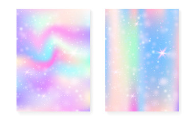 Rainbow background with kawaii princess gradient. Magic unicorn hologram. Holographic fairy set. Multicolor fantasy cover. Rainbow background with sparkles and stars for cute girl party invitation.