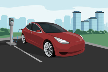 Fototapeta na wymiar Electric car with charging station on a background of eco city using renewable energy. Vector illustration EPS 10