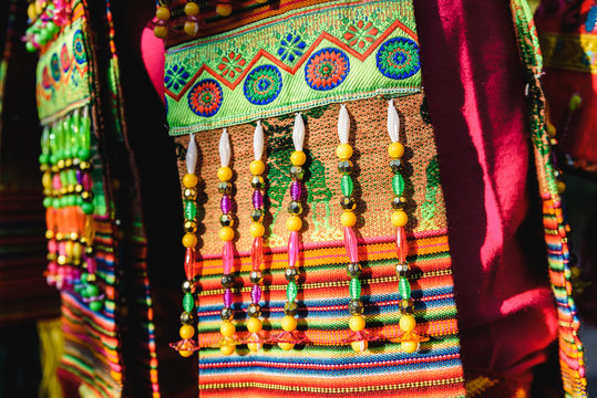 Detail of the colorful embroidery of a typical costume from the Andean folklore of Bolivia to dance the Tinku.