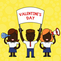Word writing text Valentine S Day. Business photo showcasing time when showing show feelings of love and affection People with Blank Banner, Megaphone and Spy Glass Peaceful Demonstration