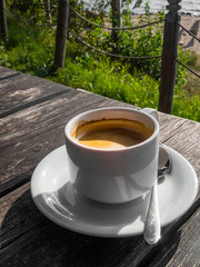 hot coffee with nice view sea, landscape in sunny day