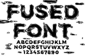 Vector font. Black liquid melted letters with glitch and distortion effects.