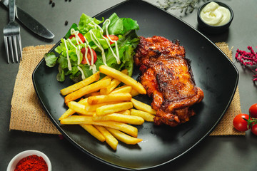Food shot grilled chicken bbq with potato chips