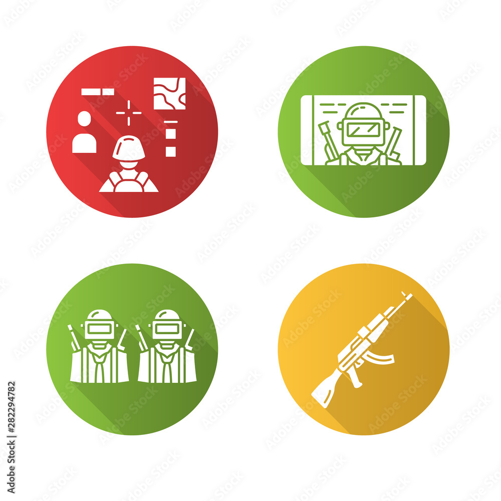 Poster Online game inventory flat design long shadow glyph icons set. Battle royale equipment. 3d shotter, mobile game, esports team, weapon, warrior gun. Vector silhouette illustration