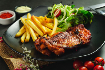 Food shot grilled chicken bbq with potato chips