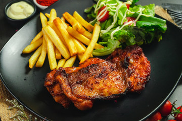 Food shot grilled chicken bbq with potato chips