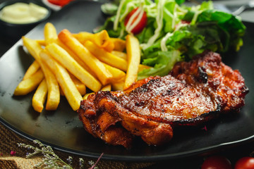 Food shot grilled chicken bbq with potato chips