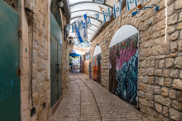 A quiet street in the early morning in the  artists quarter in the old town of Safed