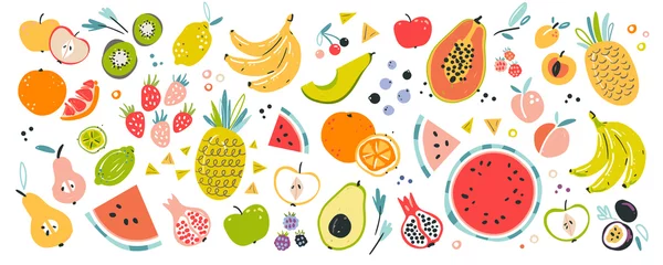 Foto op Plexiglas Fruit collection in flat hand drawn style, illustrations set. Tropical fruit and graphic design elements. Ingredients color cliparts. Sketch style smoothie or juice ingredients. © Favebrush