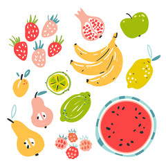 Fruit collection in flat hand drawn style, illustrations set. Tropical fruit and graphic design elements. Ingredients color cliparts. Sketch style smoothie or juice ingredients.