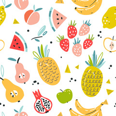 Fruit seamless pattern in flat hand drawn style, endless background. Tropical fruit design fabric texture. Sketch style ingredients color cliparts. Scandinavian style cartoon items, good for textile 