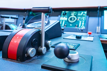 Ship throttles on the remote control ship. Modern ship control panel. The captains bridge.