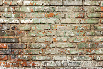 Old green brick wall, rustic texture, design background.