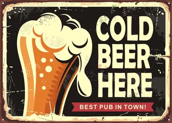 Fototapete Rund Pub sign with glass of beer. Cold beer here vintage poster design. Drinks vector illustration. © lukeruk