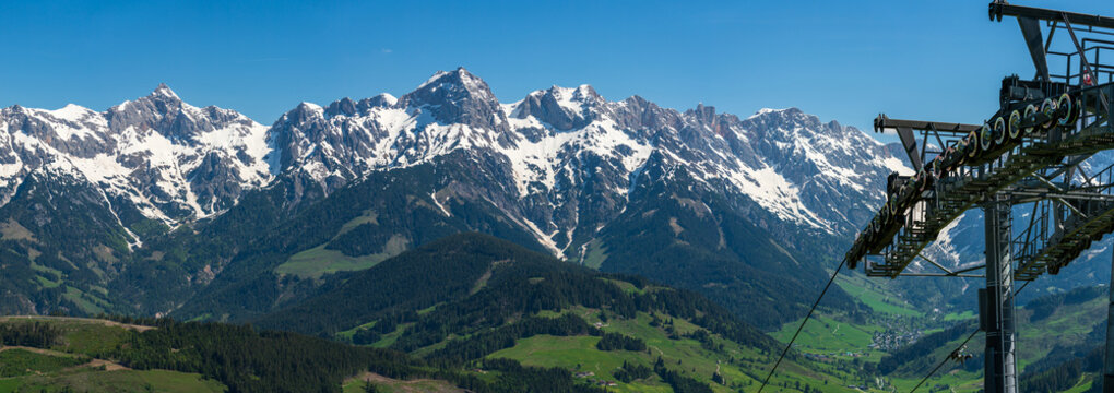 Panoramic view at the Steinberge behind Hintermoos and Maria Alm am Steinernen Meer
