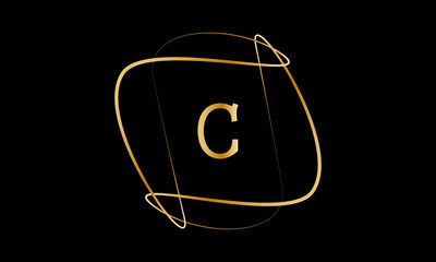 Typographical logo with a large letter C. The emblem with decorative vortices in metallic color is isolated on a black background. Vector illustration.